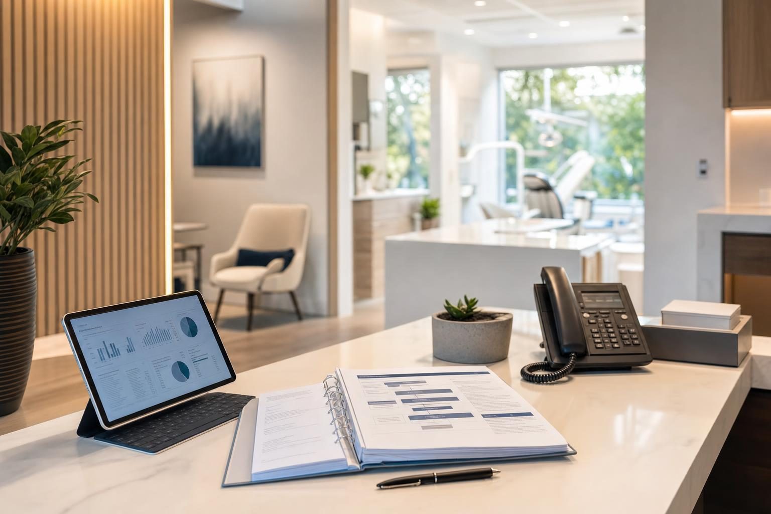 Organized dental front desk operations on a clean desk with organized charts and digital interfaces.