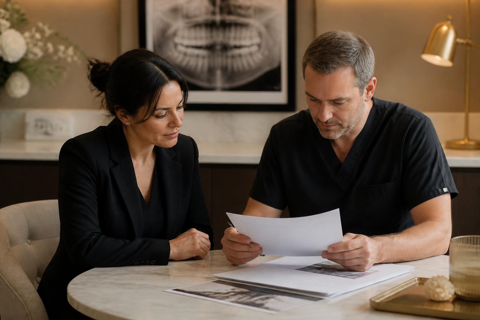 A practice owner and a business advisor reviewing practice documents together in a private dental consultation room